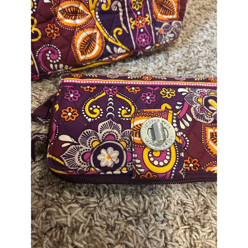 Vera Bradley Vibrant Paisley Quilted Tote Bag and Turnlock Wallet‎ Set Purple